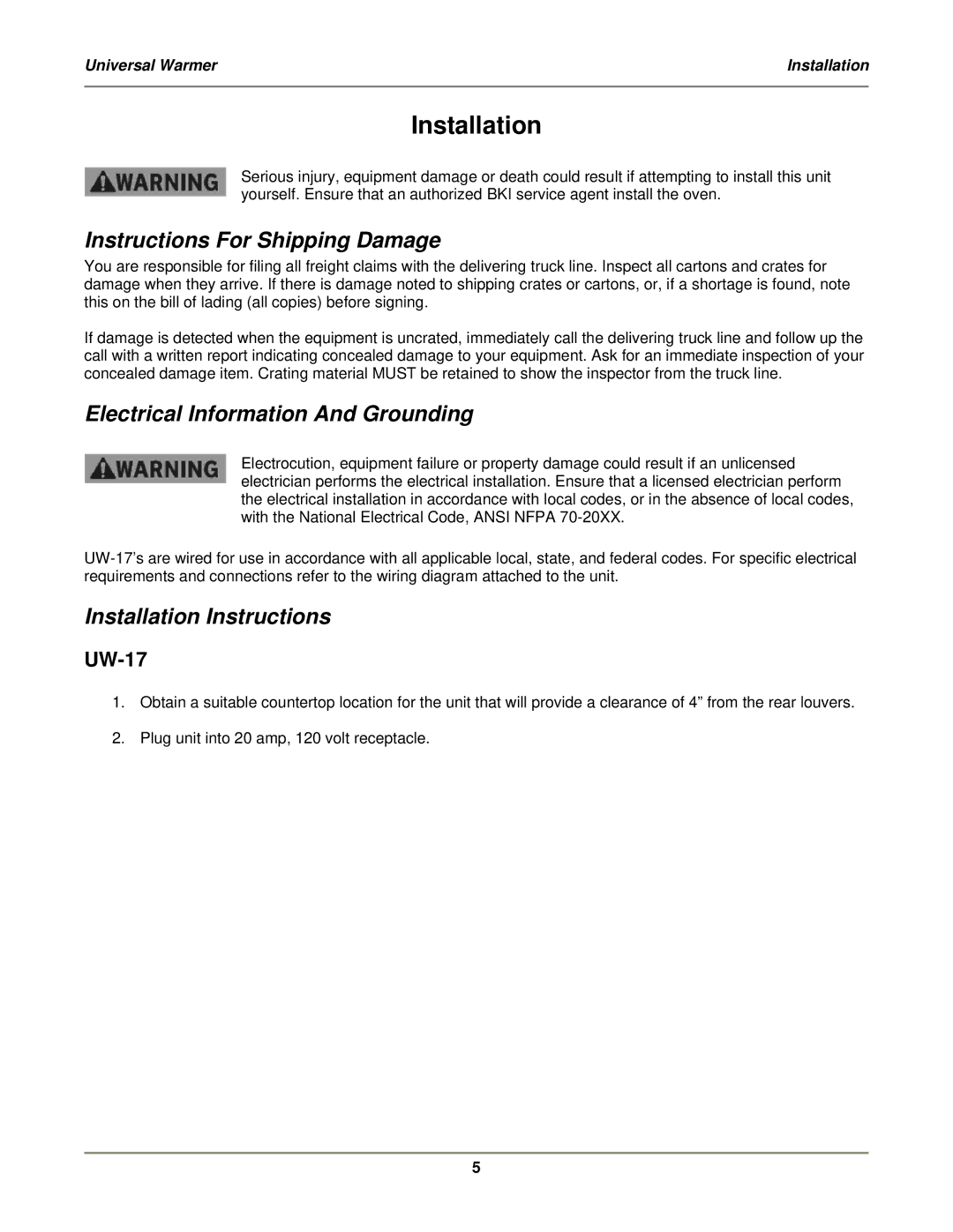 Bakers Pride Oven UW-17 Installation, Instructions For Shipping Damage, Electrical Information And Grounding 