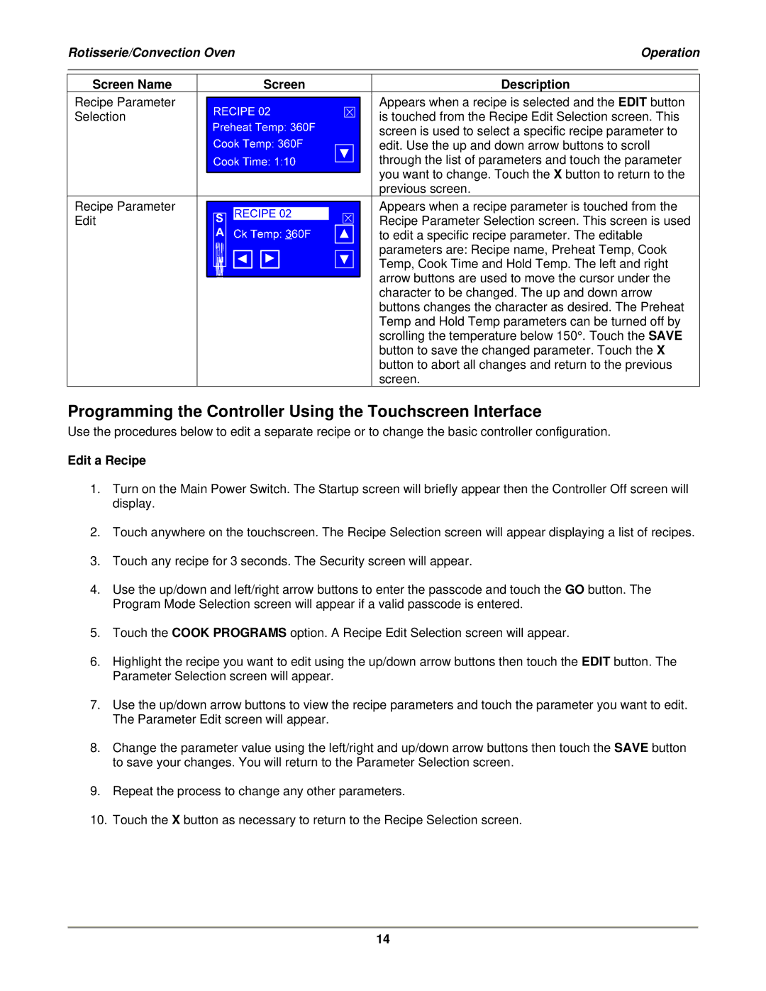 Bakers Pride Oven VGG-CO installation manual Programming the Controller Using the Touchscreen Interface, Edit a Recipe 