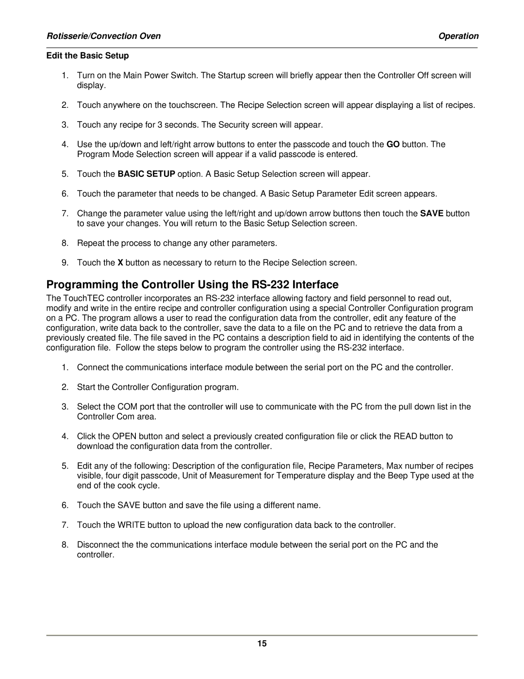 Bakers Pride Oven VGG-CO installation manual Programming the Controller Using the RS-232 Interface, Edit the Basic Setup 