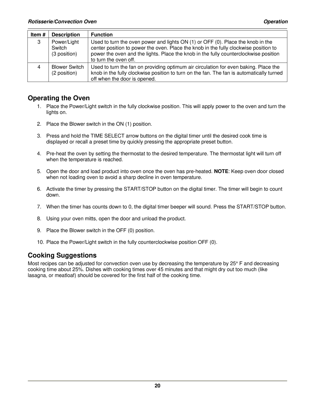 Bakers Pride Oven VGG-CO installation manual Operating the Oven, Cooking Suggestions 