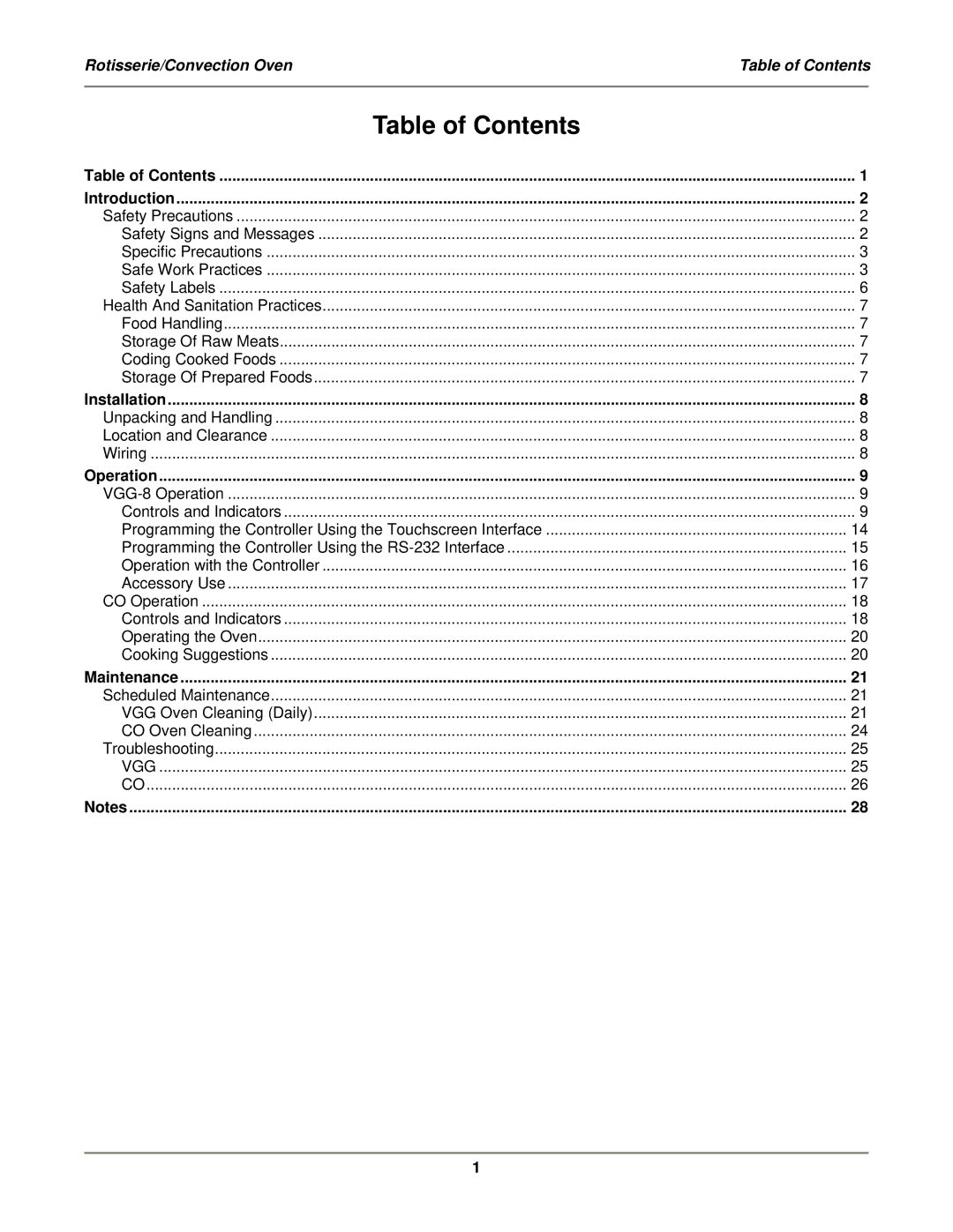 Bakers Pride Oven VGG-CO installation manual Table of Contents 