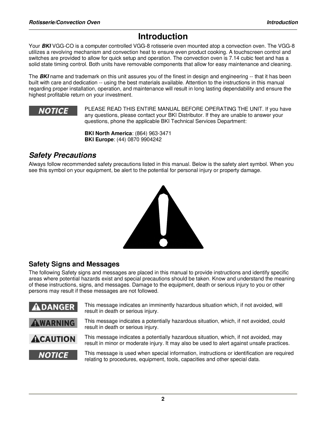 Bakers Pride Oven VGG-CO Introduction, Safety Precautions, Safety Signs and Messages, BKI North America 864 