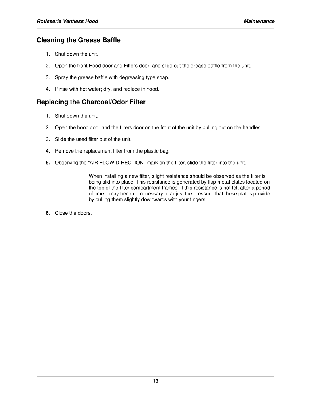 Bakers Pride Oven VGH-Series operation manual Cleaning the Grease Baffle, Replacing the Charcoal/Odor Filter 