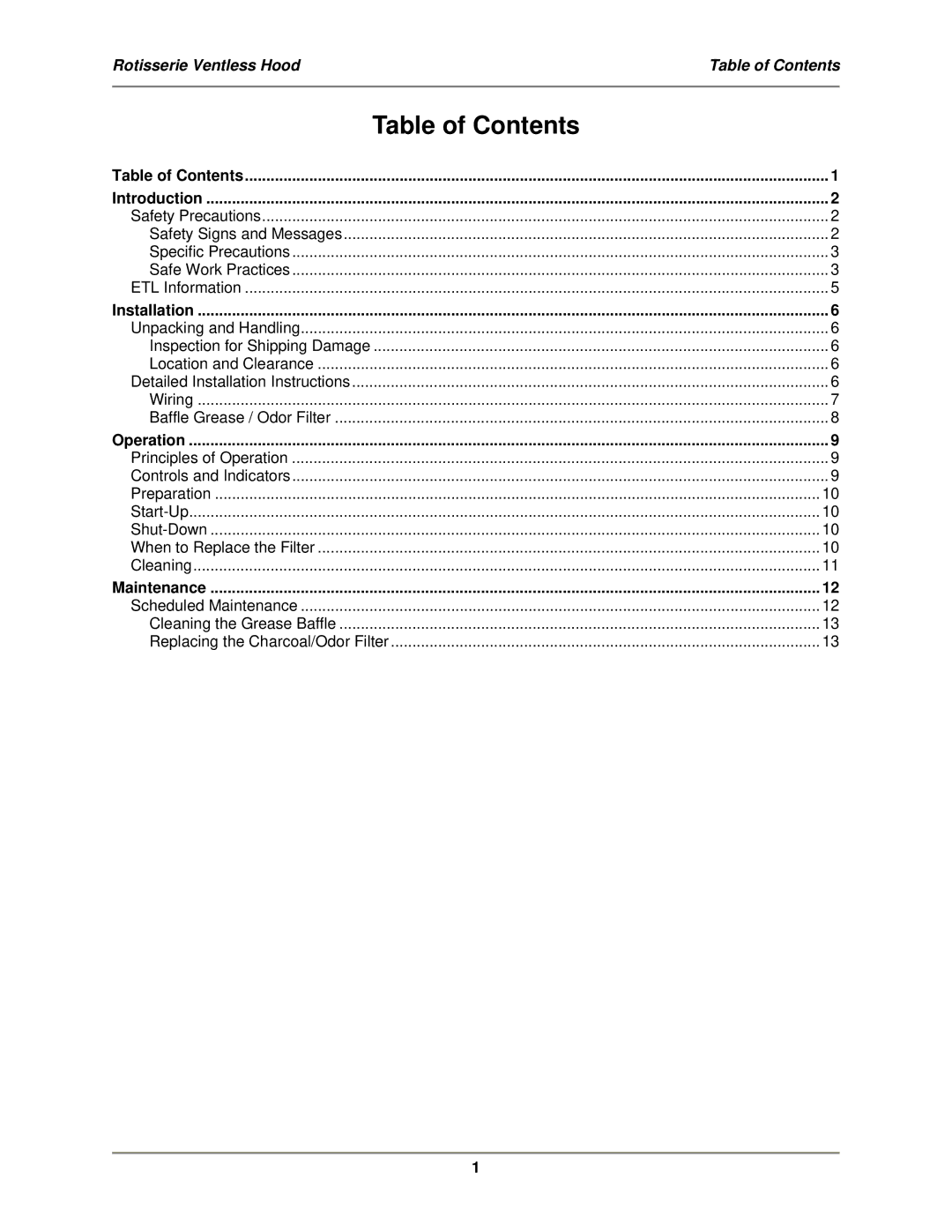 Bakers Pride Oven VGH-Series operation manual Table of Contents 