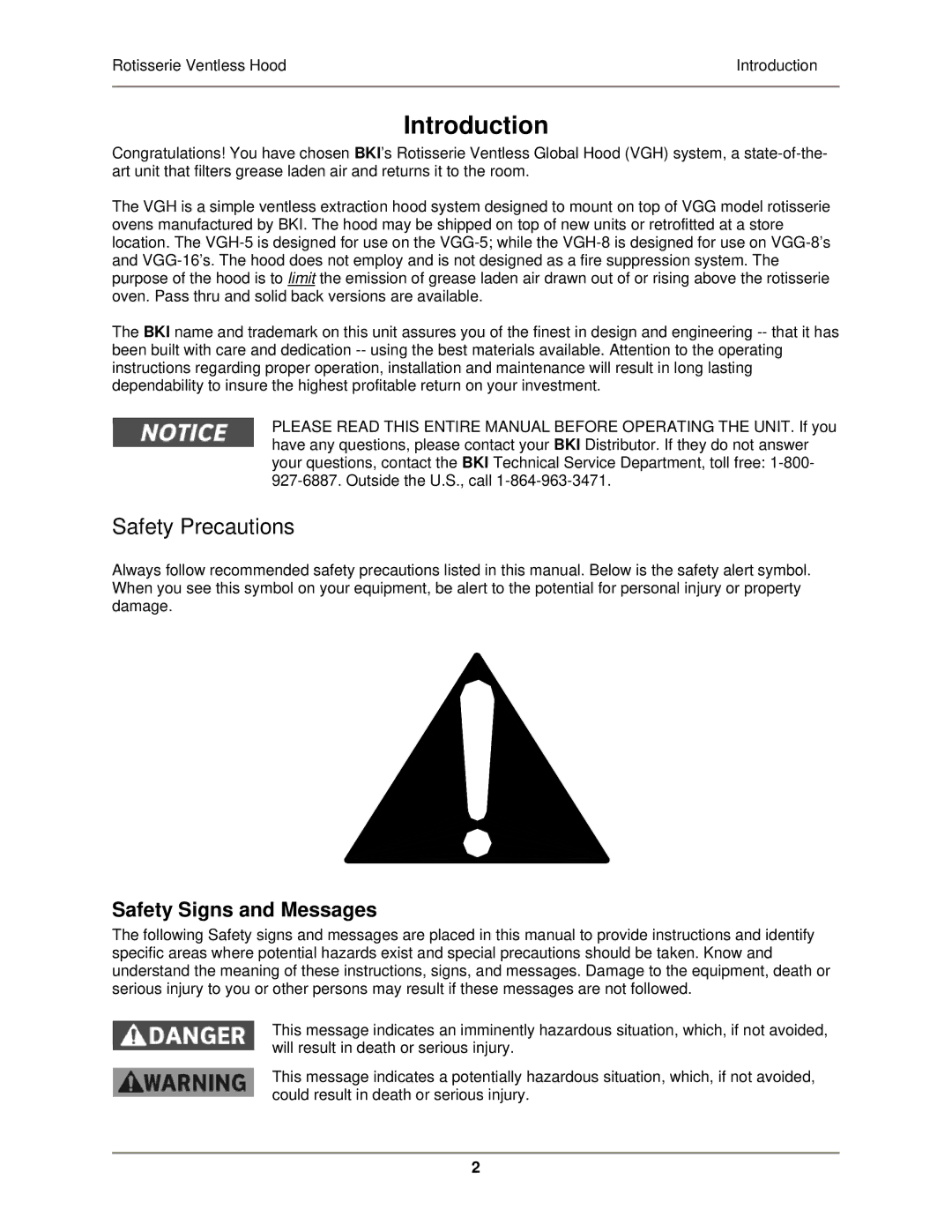 Bakers Pride Oven VGH-Series operation manual Introduction, Safety Precautions, Safety Signs and Messages 