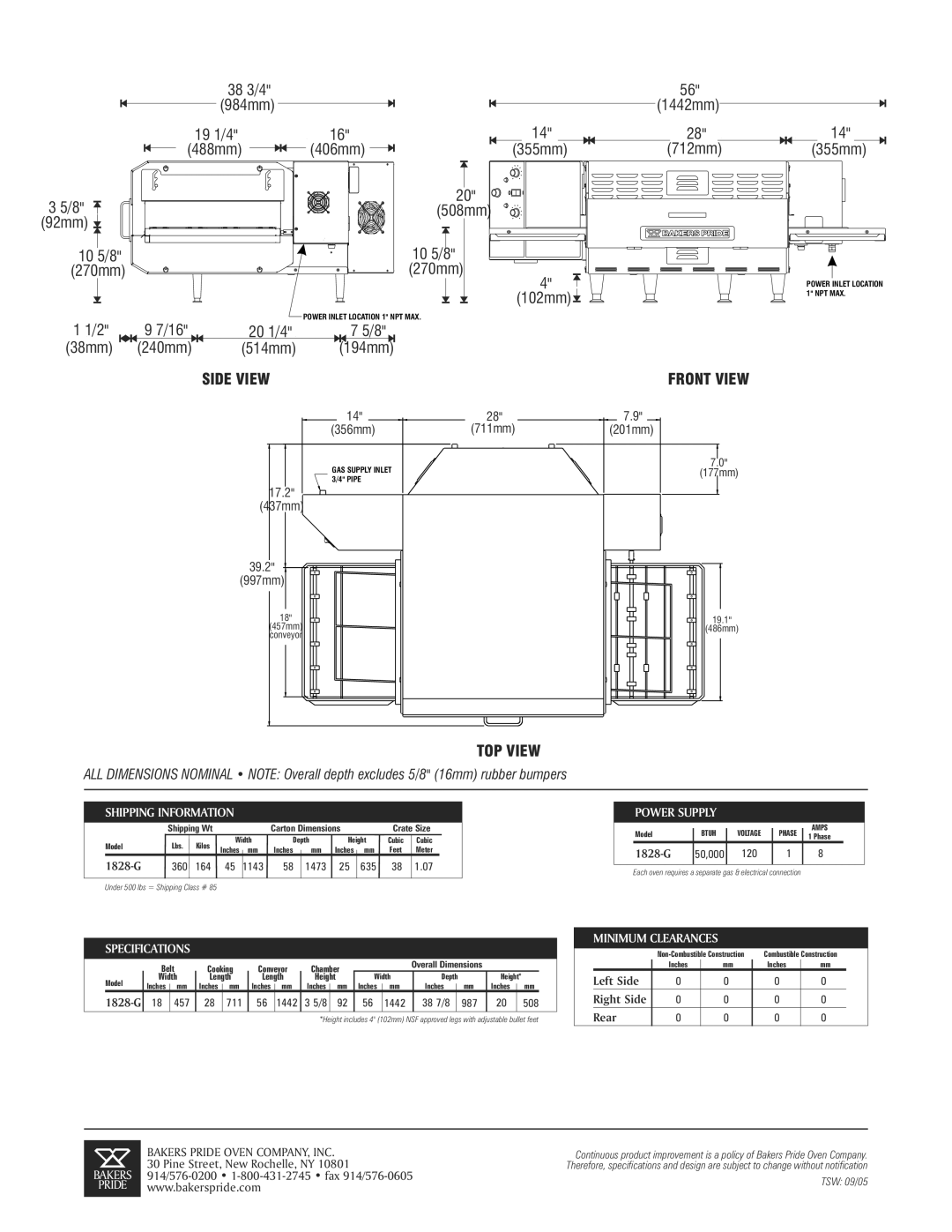 Bakers Pride Oven VH-1828G-3, VH-1828G-2, VH-1828G-1 specifications Side View, TOP View 