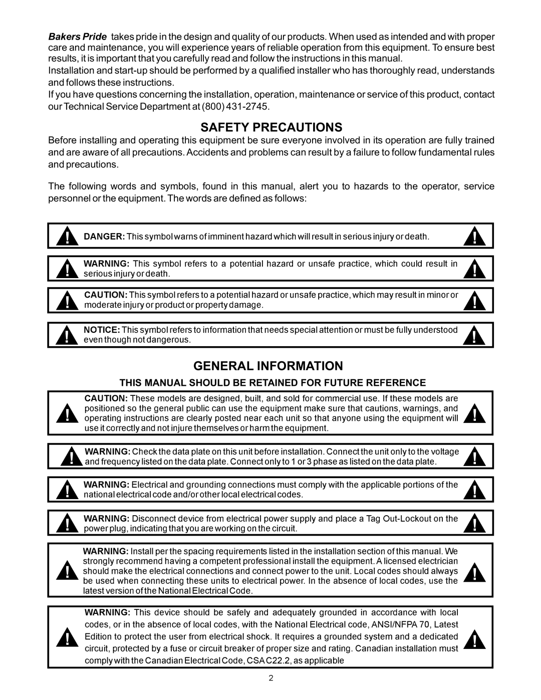 Bakers Pride Oven VH1620E, VHVA1620E, VH1828E, VHVA1828E manual Result, Safety Precautions 