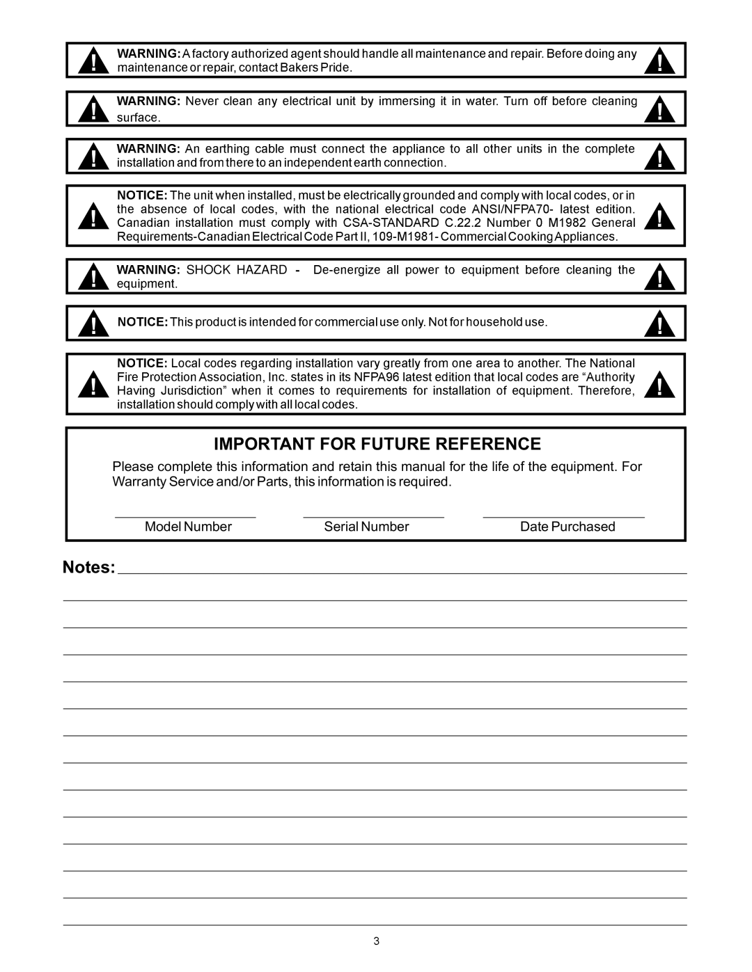 Bakers Pride Oven VH1620E, VHVA1620E, VH1828E, VHVA1828E manual Important for Future Reference 