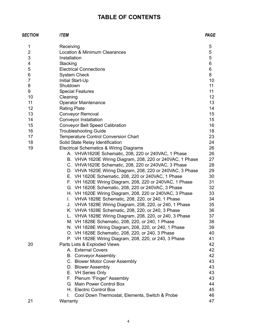 Bakers Pride Oven VH1620E, VHVA1620E, VH1828E, VHVA1828E manual Section, Table of Contents 