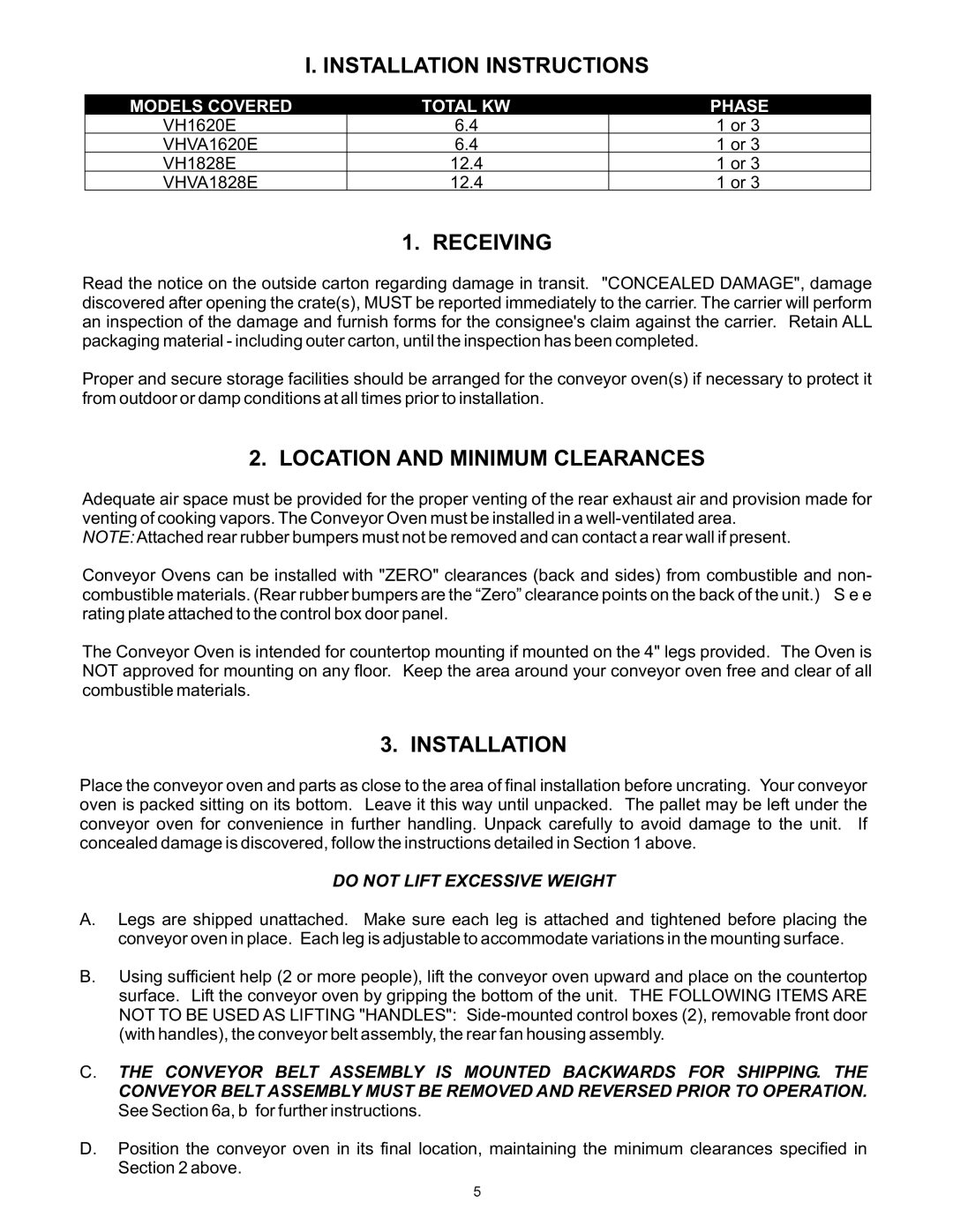 Bakers Pride Oven VH1620E, VHVA1620E, VH1828E, VHVA1828E manual Installation Instructions, Receiving 