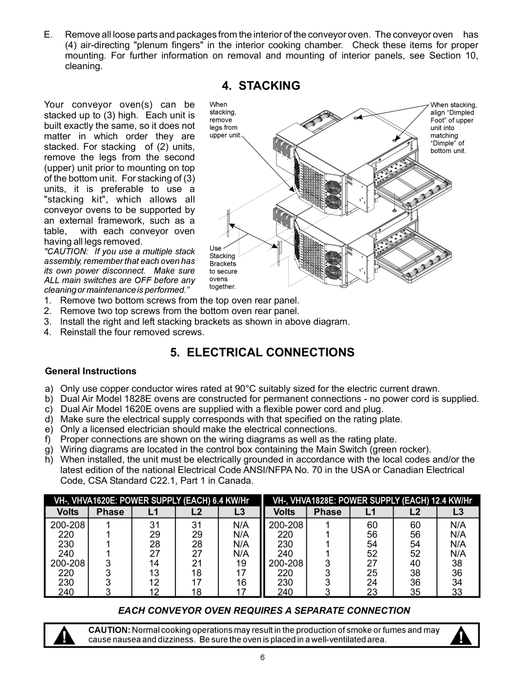 Bakers Pride Oven VH1620E, VHVA1620E, VH1828E, VHVA1828E manual Stacking, Electrical Connections 