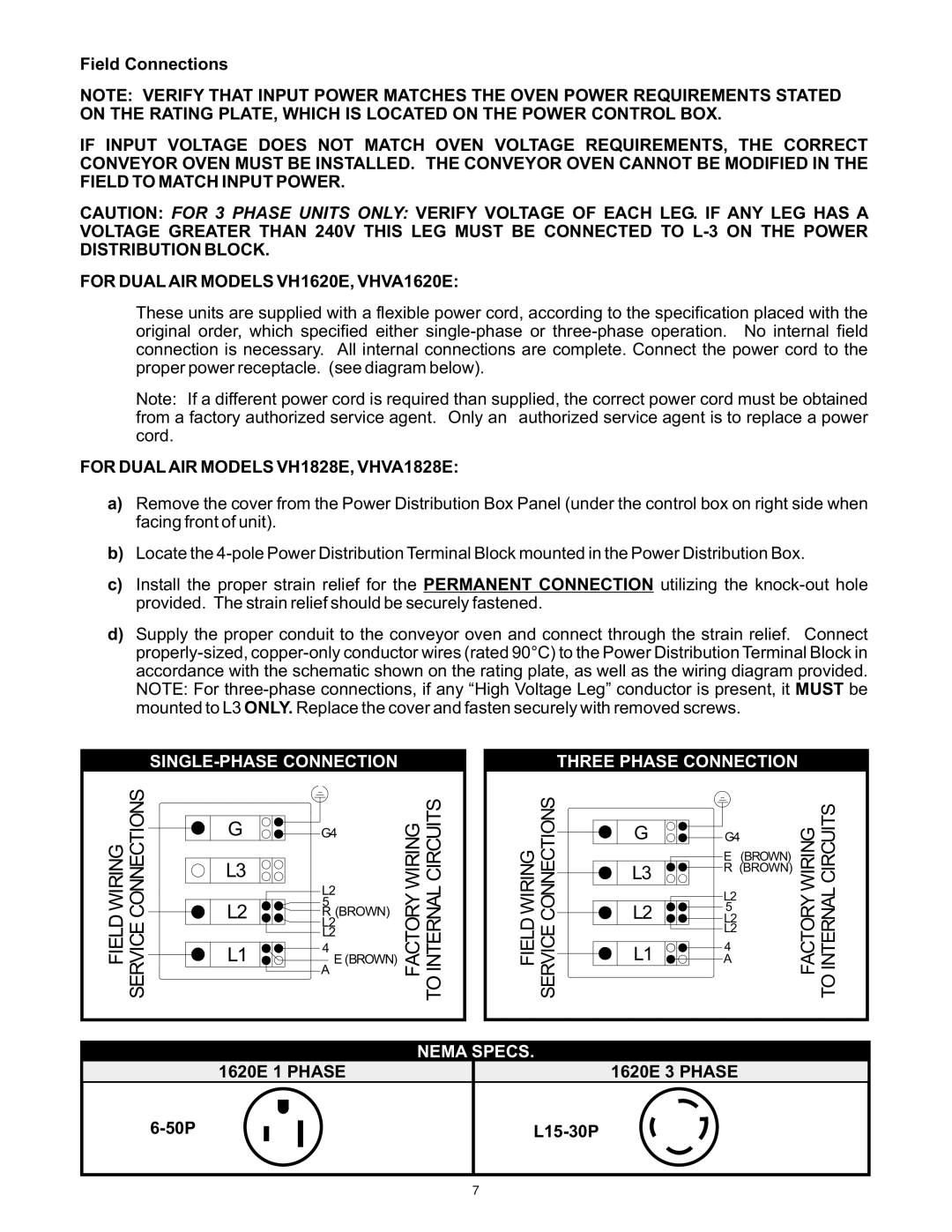 Bakers Pride Oven VH1620E, VHVA1620E, VH1828E, VHVA1828E manual SINGLE-PHASE Connection 