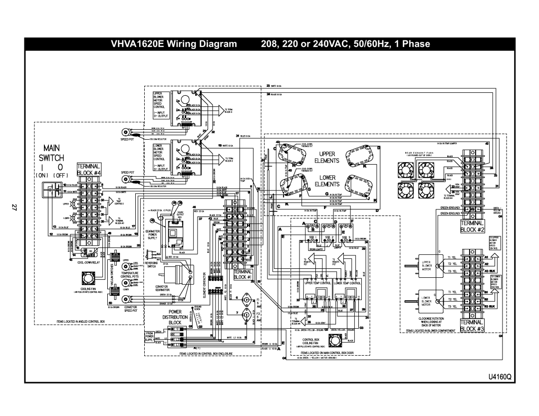 Bakers Pride Oven VH1620E VHVA1620E Wiring Diagram, 208, 220 or 240VAC, 50/60Hz, 1 Phase, U4160Q, Main, Switch, BLOCK #4 