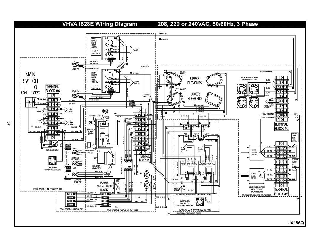 Bakers Pride Oven VHVA1620E VHVA1828E Wiring Diagram, 208, 220 or 240VAC, 50/60Hz, 3 Phase, BLOCK #2, Main, Switch, Lower 
