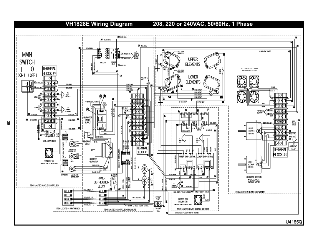 Bakers Pride Oven VH1620E 208, 220 or 240VAC, 50/60Hz, 1 Phase, VH1828E Wiring Diagram, Main, Switch, Lower, Elements 