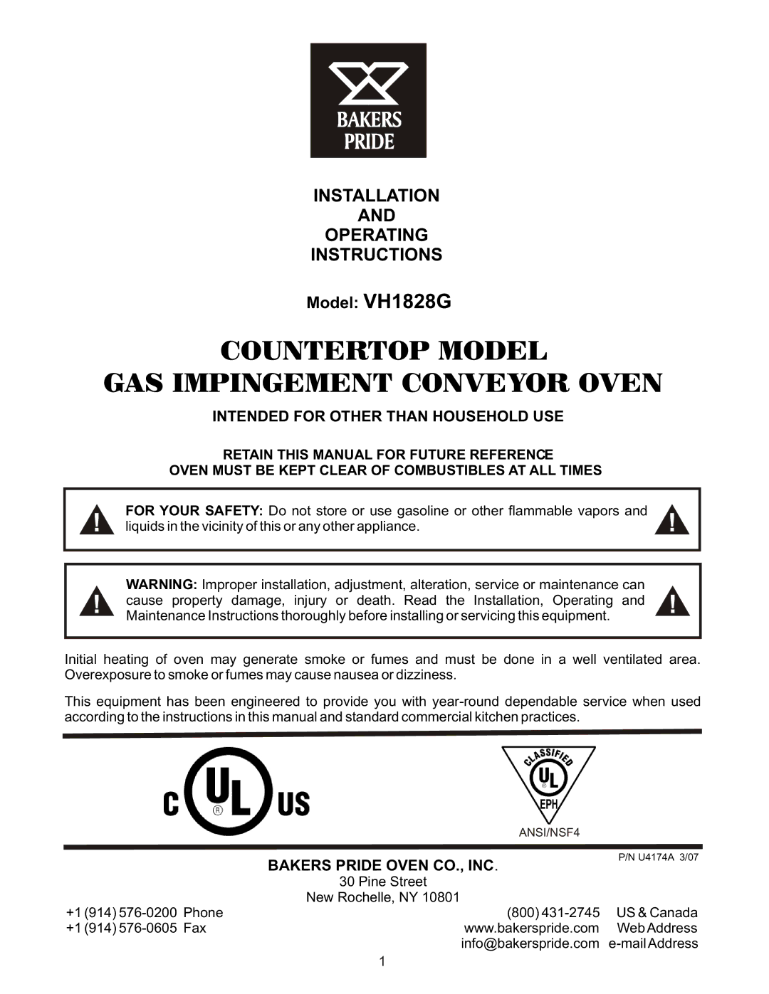 Bakers Pride Oven VH1828G manual Countertop Model GAS Impingement Conveyor Oven, Installation Operating Instructions 