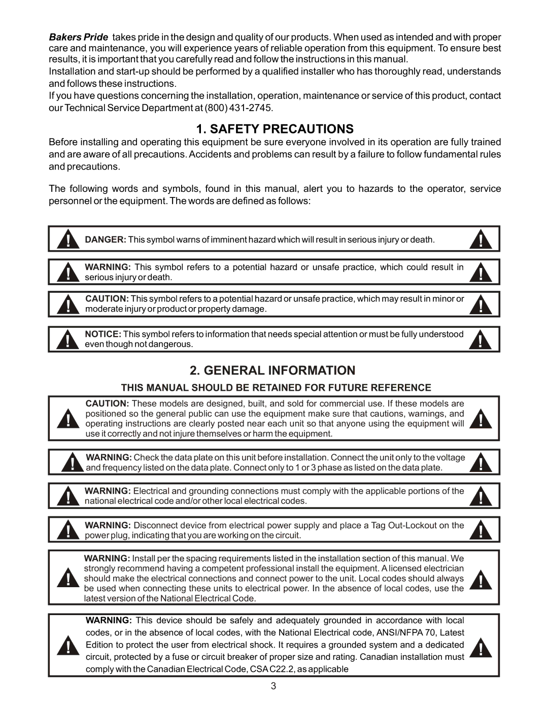 Bakers Pride Oven VH1828G manual Safety Precautions, General Information 