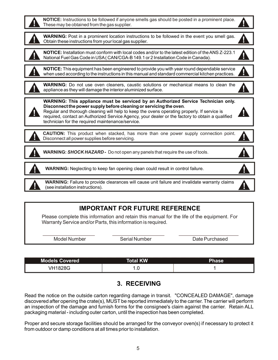 Bakers Pride Oven VH1828G manual Important for Future Reference, Receiving 