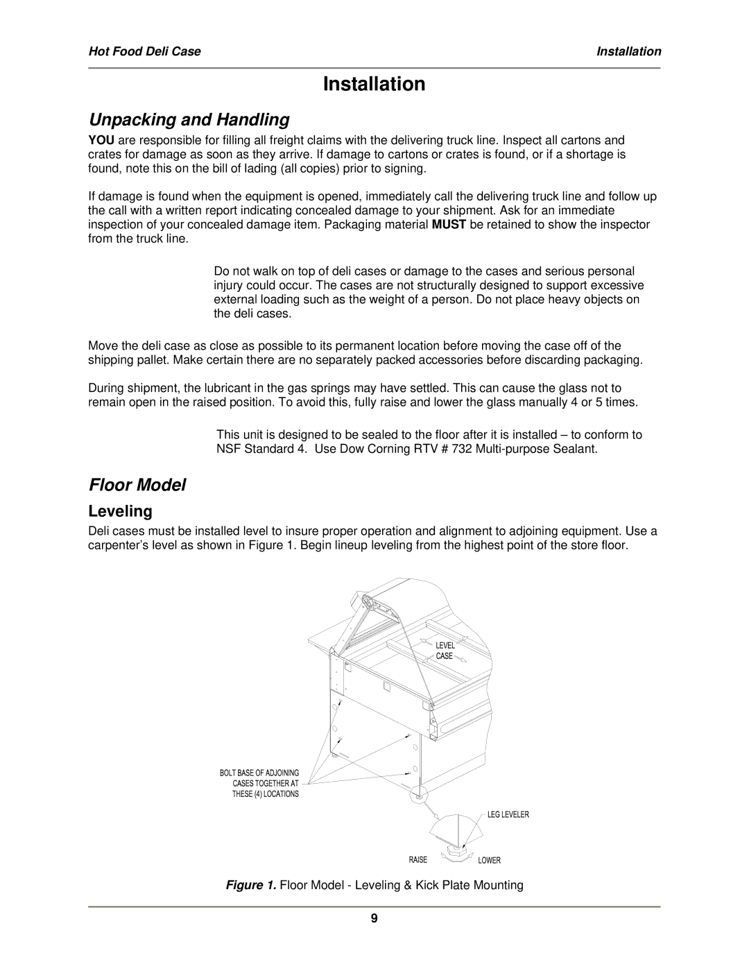 Bakers Pride Oven CSWG, WDCG, SSWG operation manual Installation, Unpacking and Handling, Floor Model, Leveling 