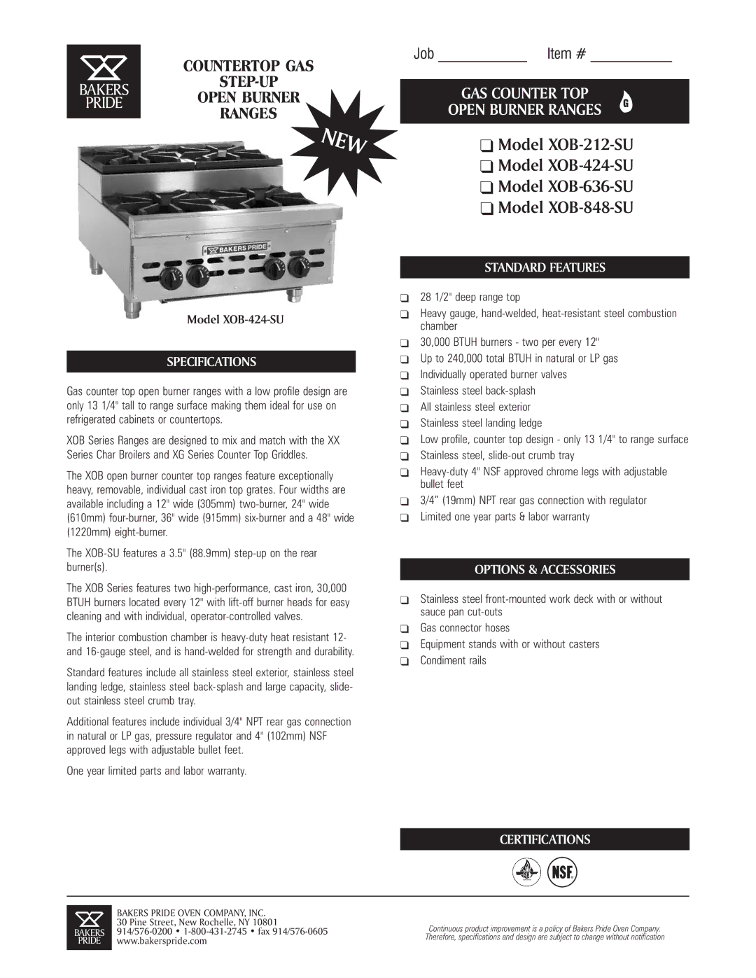 Bakers Pride Oven XOB-848-SU specifications Specifications, Open Burner Ranges, Standard Features, Options & Accessories 