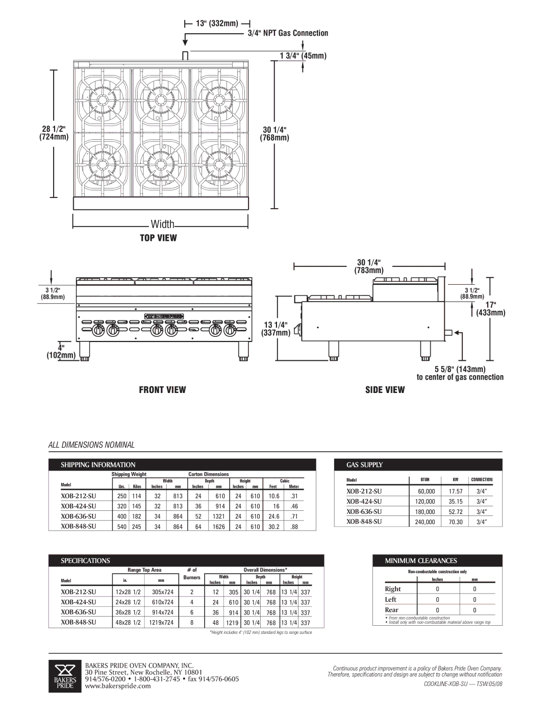 Bakers Pride Oven XOB-212-SU, XOB-424-SU, XOB-848-SU specifications Shipping Information GAS Supply, Minimum Clearances 