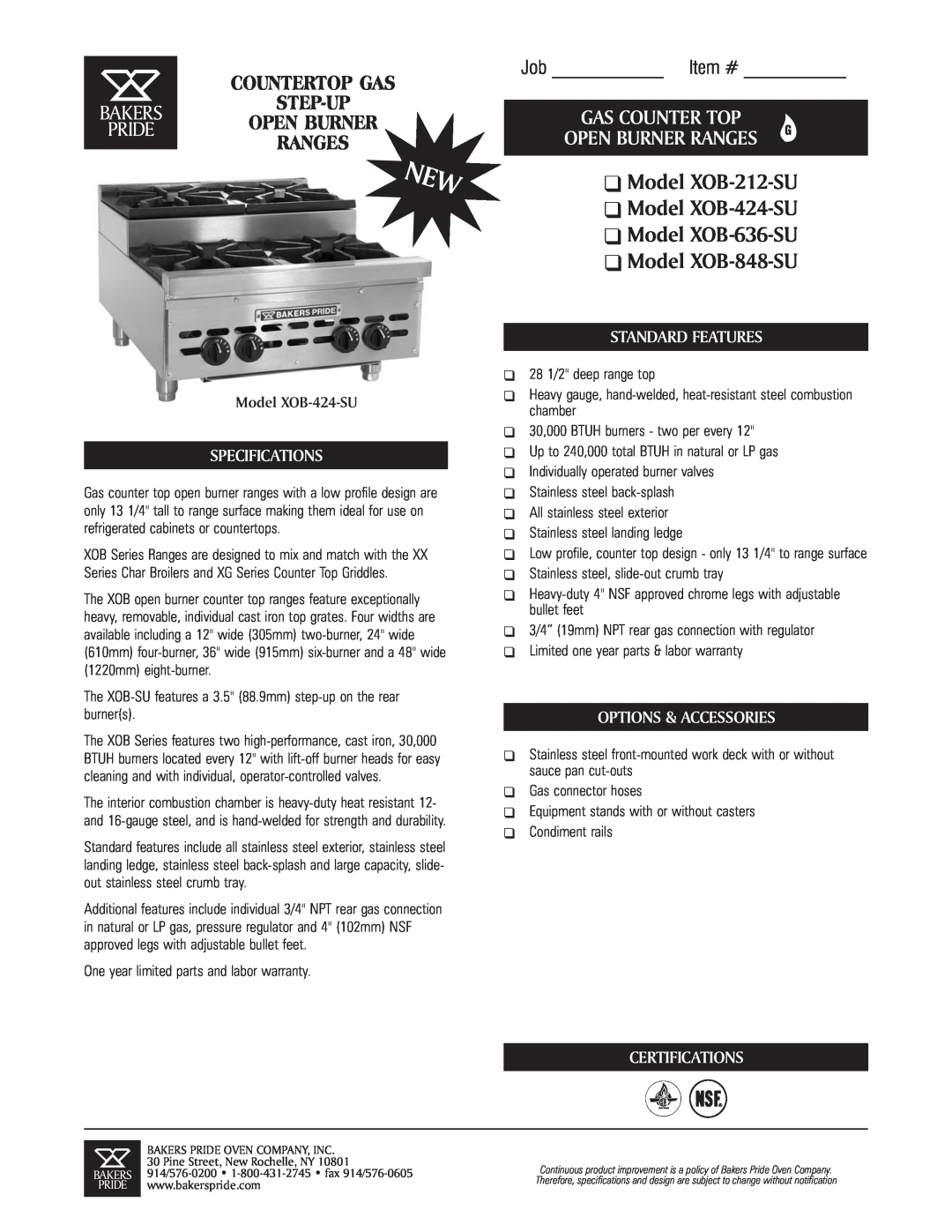Bakers Pride Oven specifications Model XOB-212-SU Model XOB-424-SU, Model XOB-636-SU Model XOB-848-SU, Job Item # 