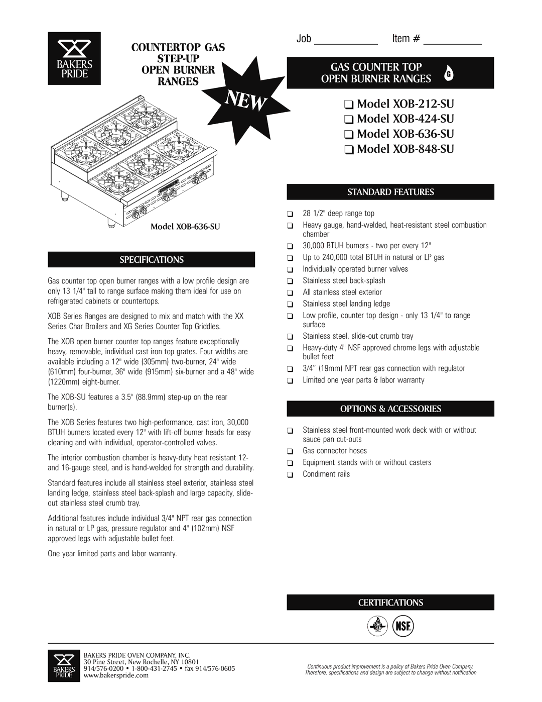 Bakers Pride Oven XOB-636-SU specifications Specifications, Open Burner Ranges, Standard Features, Options & Accessories 