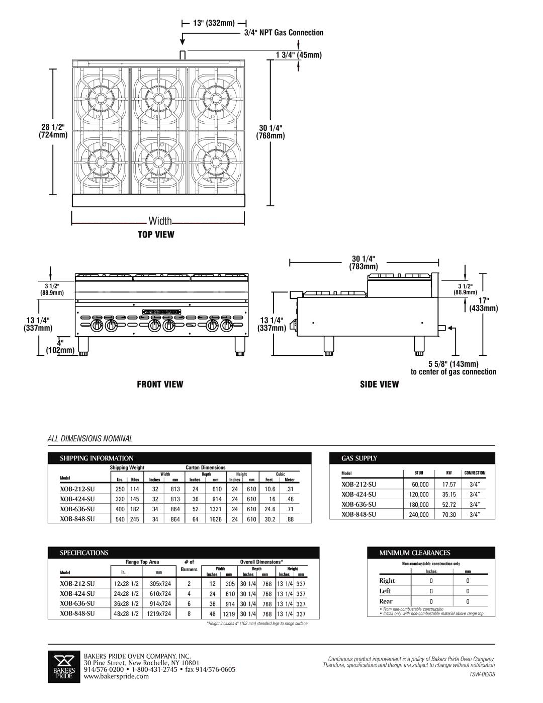 Bakers Pride Oven XOB-636-SU specifications Shipping Information GAS Supply, Specifications, Minimum Clearances 