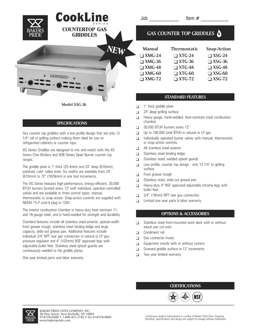 Bakers Pride Oven XSG-36 specifications Specifications, Standard Features, Options & Accessories, Certifications 