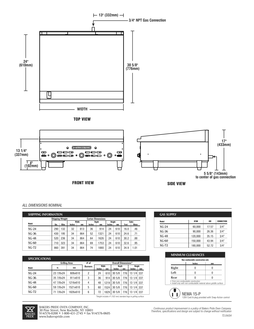 Bakers Pride Oven XSG-36 specifications Shipping Information, Specifications, GAS Supply, Minimum Clearances 