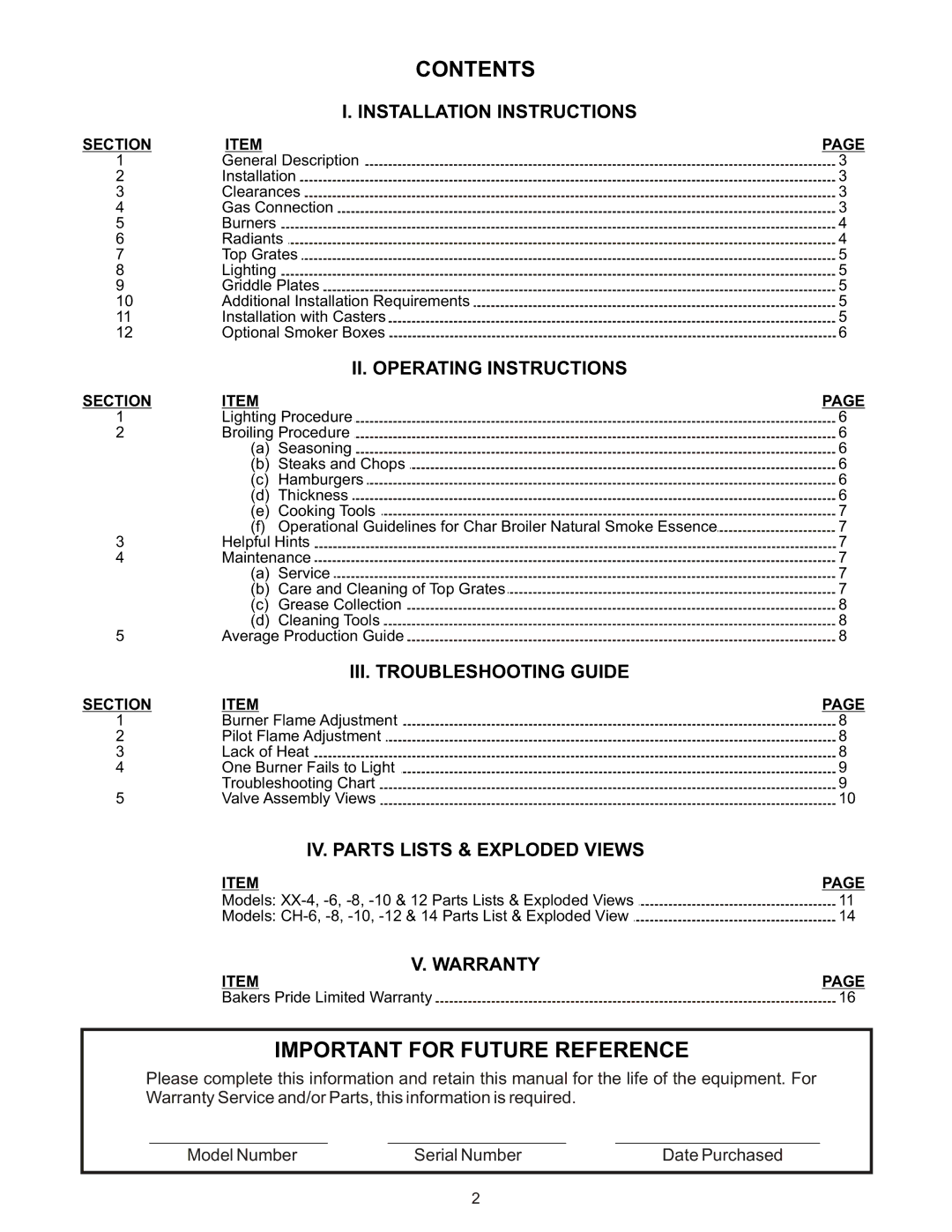 Bakers Pride Oven XX & CH manual Important for Future Reference 