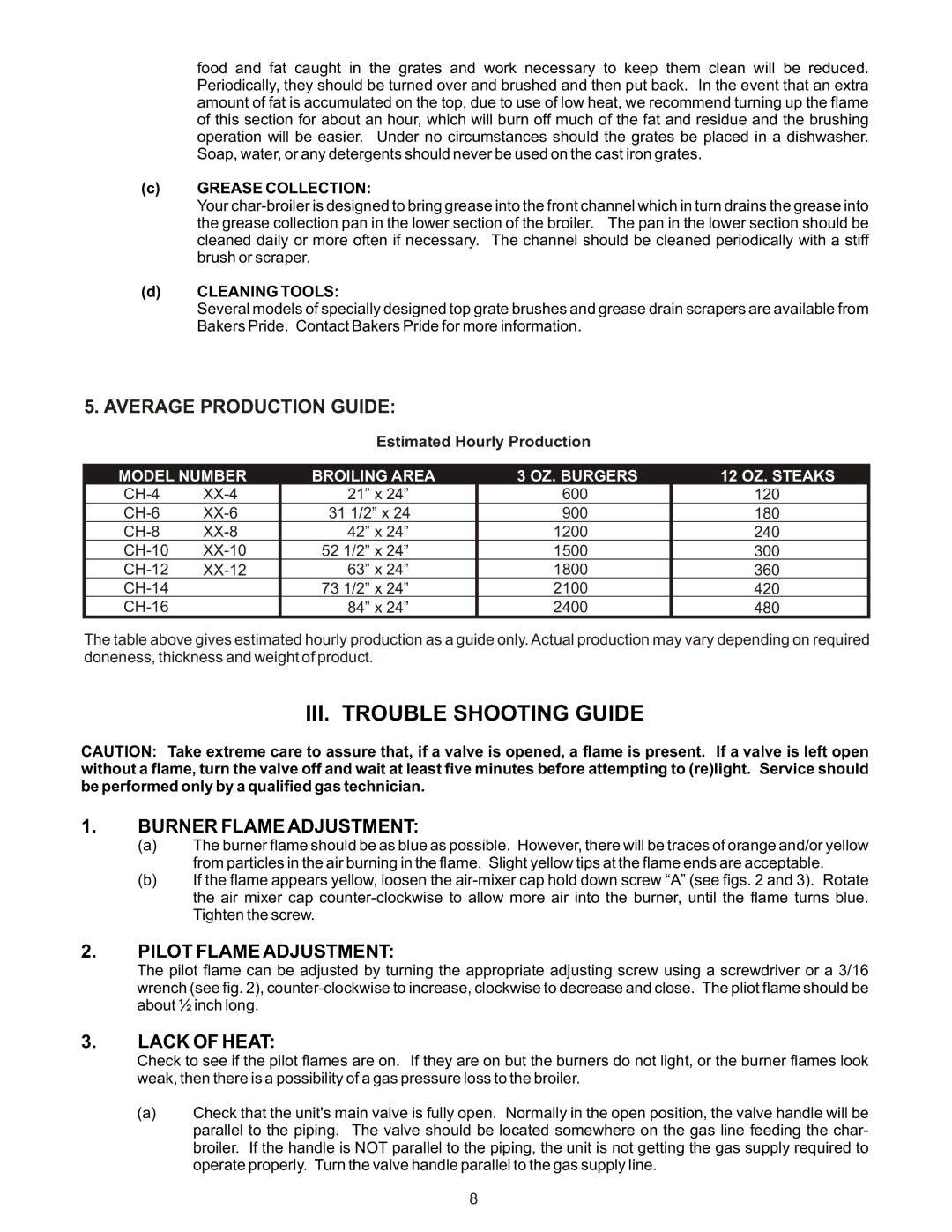 Bakers Pride Oven XX & CH manual Burner Flame Adjustment, Pilot Flame Adjustment, Lack of Heat 