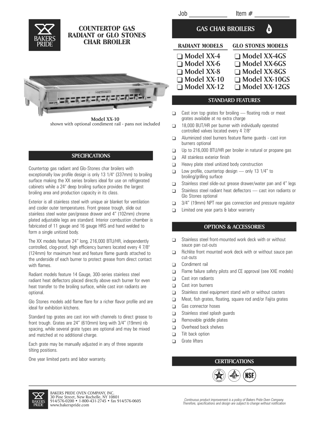 Bakers Pride Oven XX-10 specifications Specifications, Standard Features, Options & Accessories, Certifications 