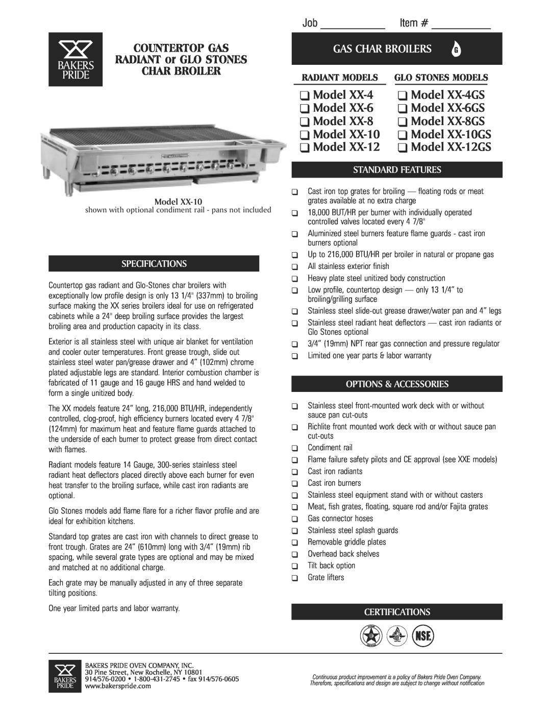 Bakers Pride Oven XX-10 specifications Job Item #, RADIANT or GLO STONES, Char Broiler, Model XX-8 Model XX-8GS, Bakers 
