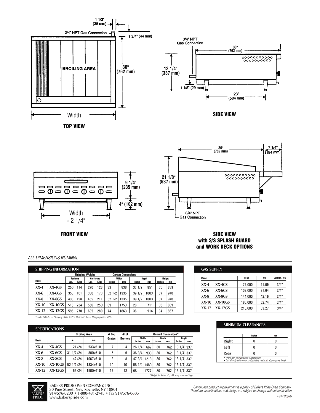 Bakers Pride Oven XX-4 q, XX-12GS, XX-10GS, XX-8 q Shipping Information GAS Supply, Specifications, Minimum Clearances 