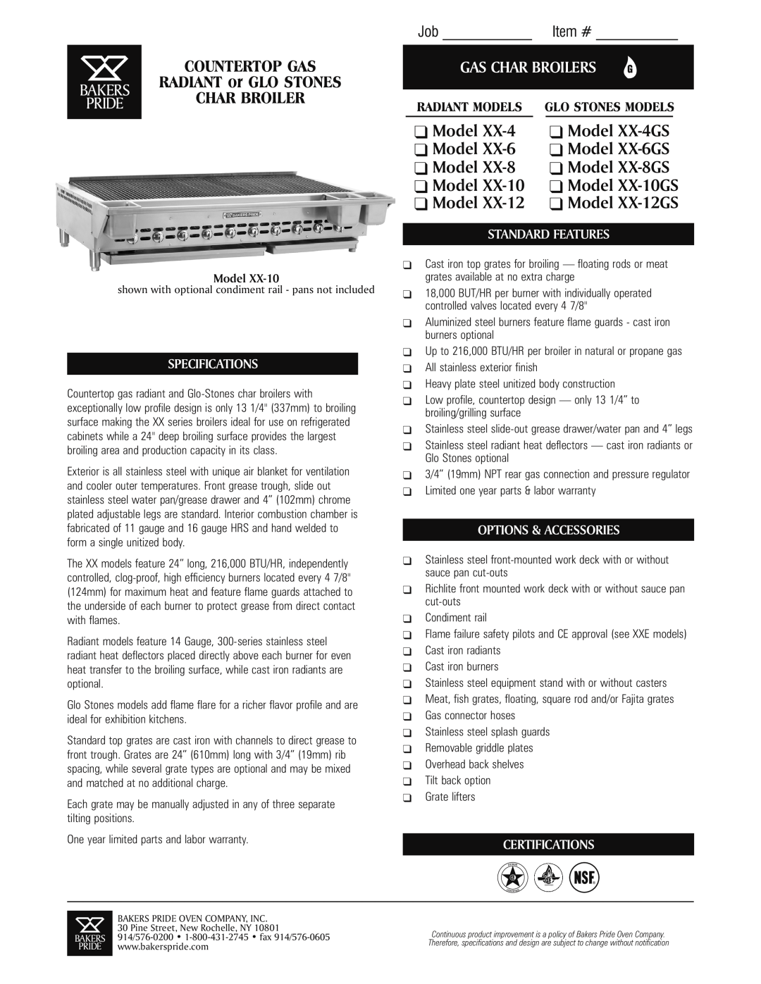 Bakers Pride Oven XX-10 specifications Job Item #, RADIANT or GLO STONES, Char Broiler, Model XX-8 Model XX-8GS, Bakers 