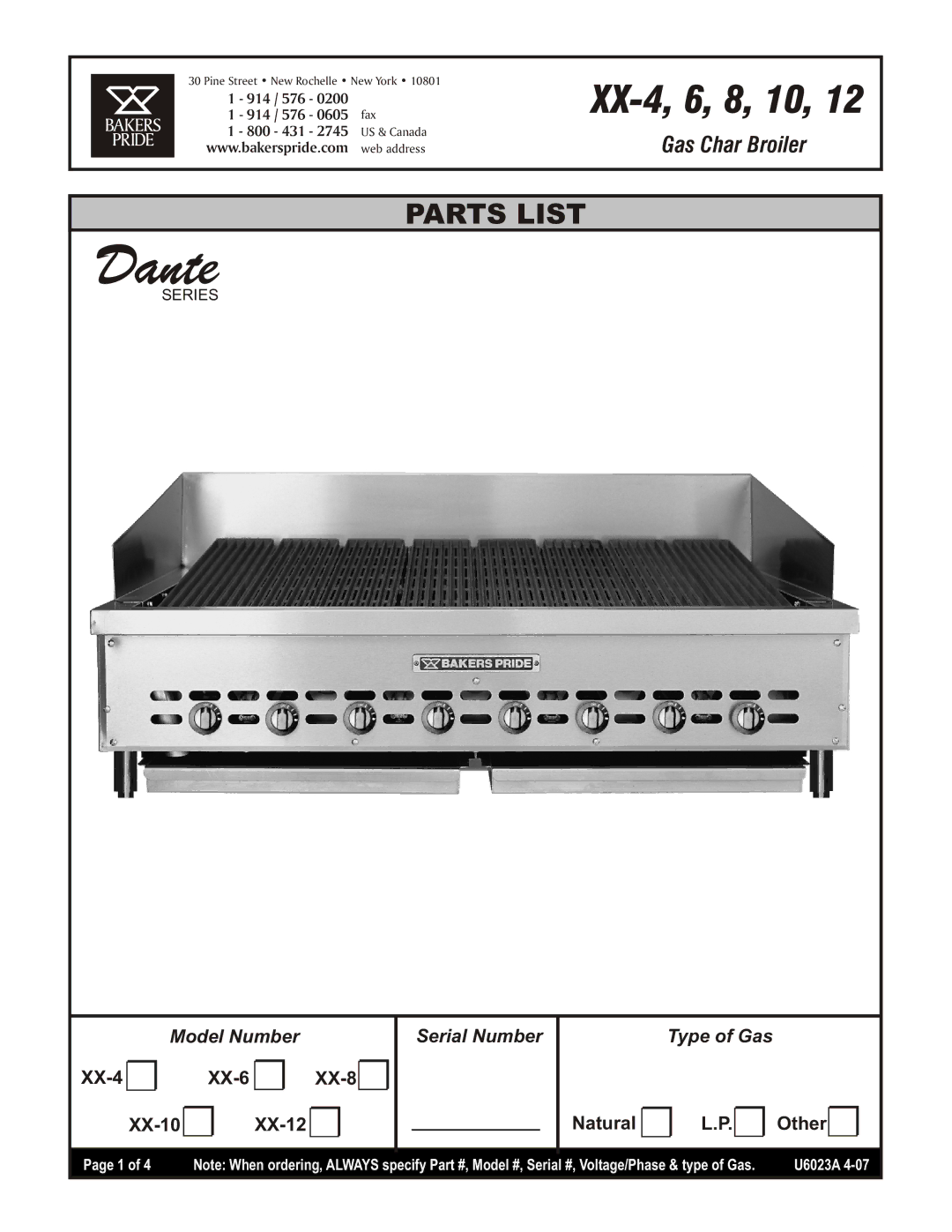 Bakers Pride Oven XX-4, XX-12, XX-10, XX-8, XX-6 manual Dante 