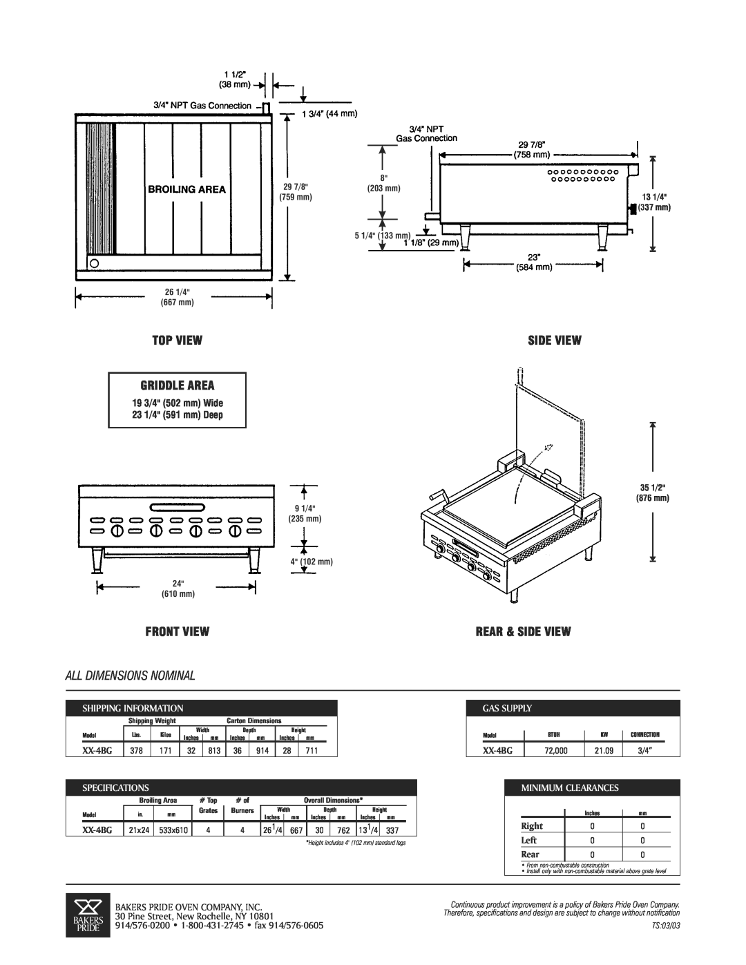 Bakers Pride Oven XX-4BG All Dimensions Nominal, 19 3/4 502 mm Wide 23 1/4 591 mm Deep, Gas Supply, Minimum Clearances 