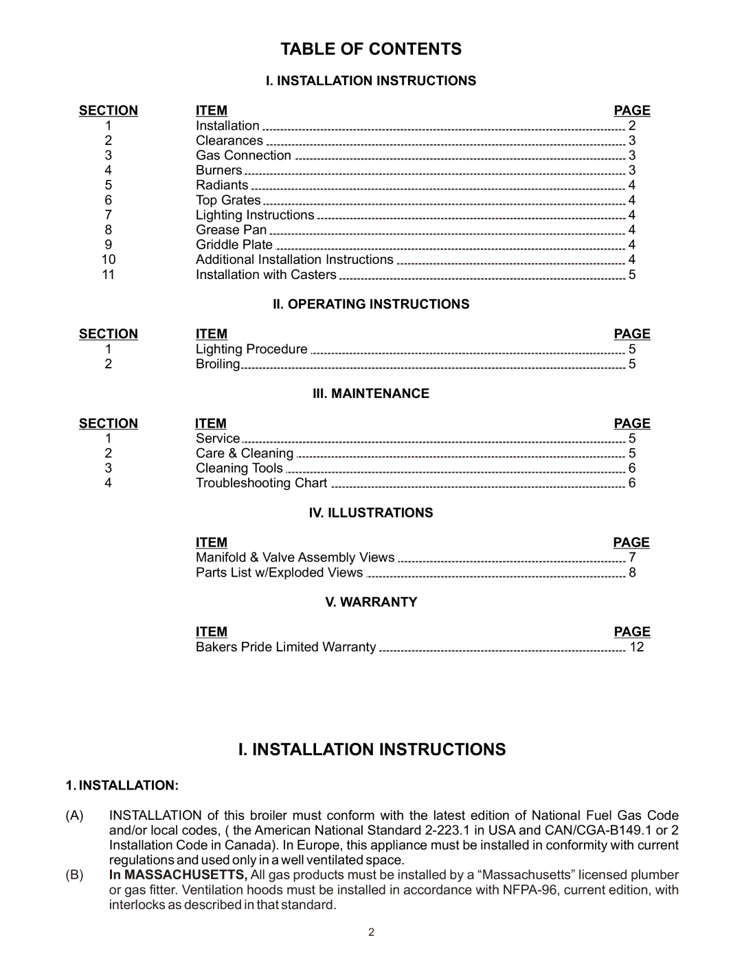 Bakers Pride Oven XXE manual Table of Contents 