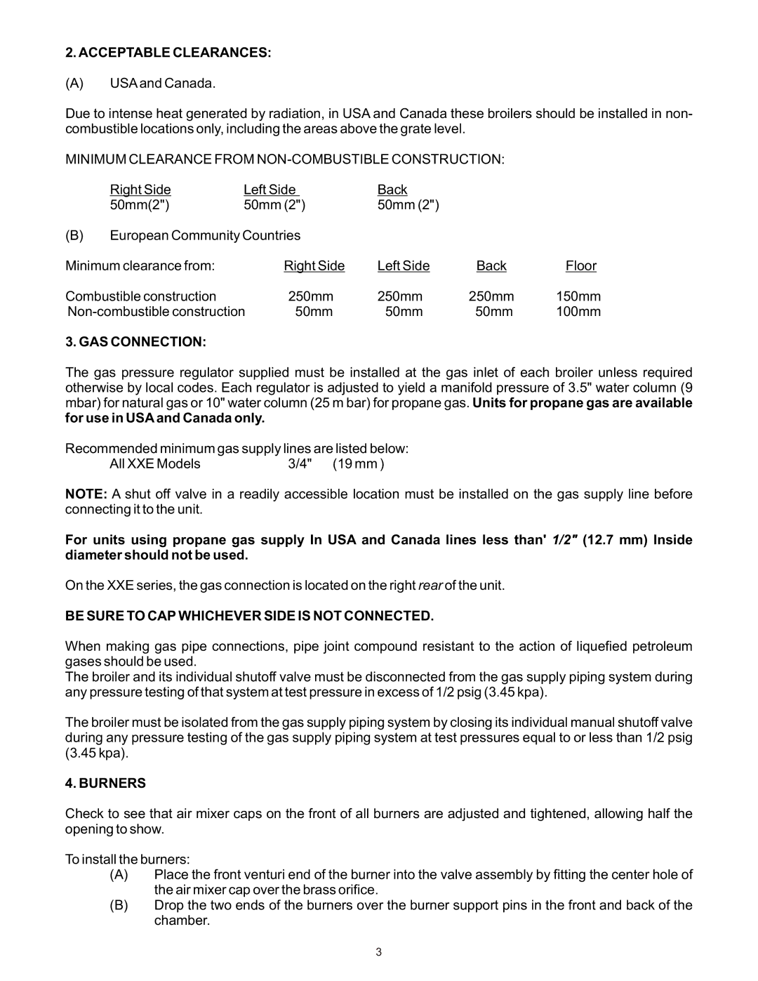 Bakers Pride Oven XXE manual Acceptable Clearances, GAS Connection, Be Sure to CAP Whichever Side is not Connected, Burners 