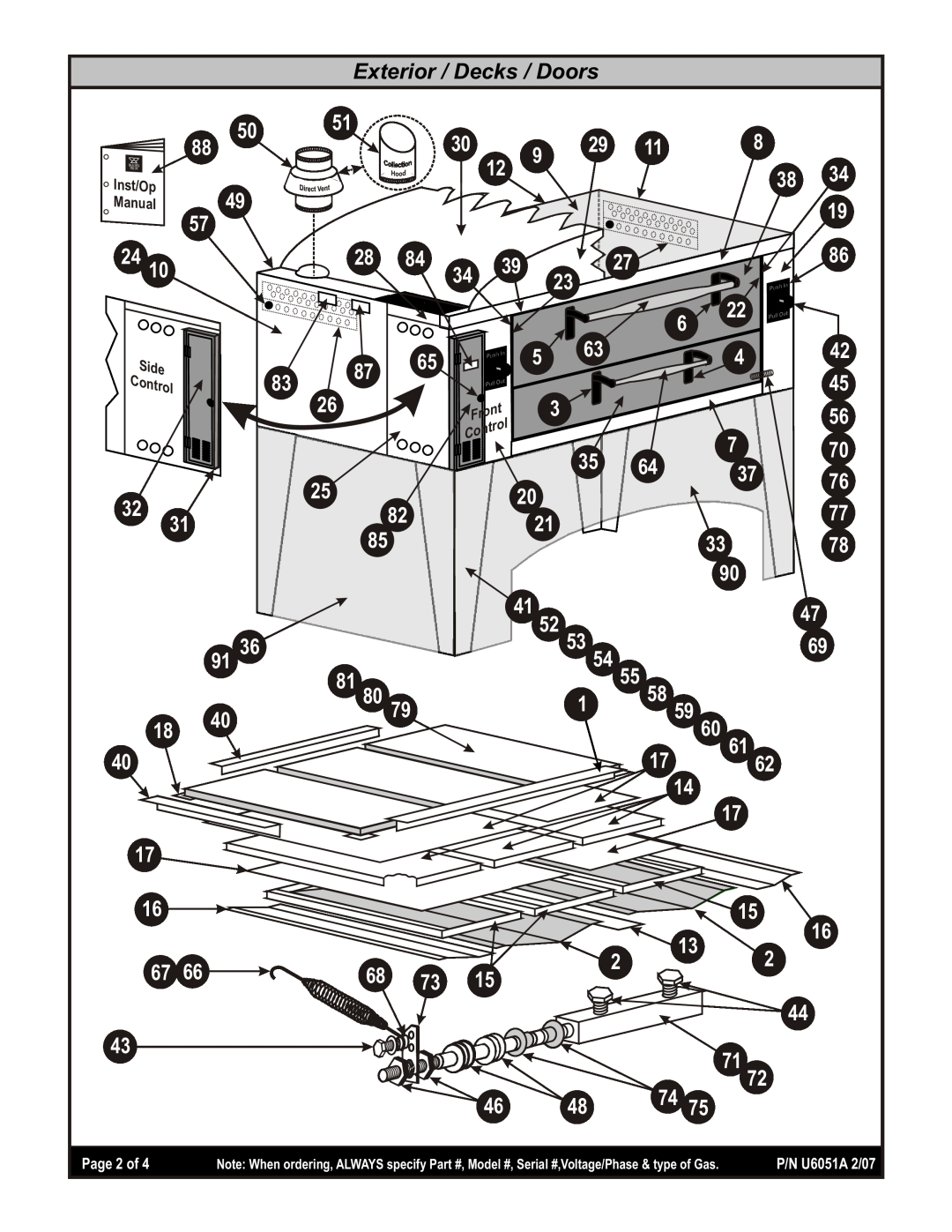 Bakers Pride Oven Y-600-DSP Page 2 of, Exterior / Decks / Doors, Side, trol, Inst/Op, nual, P/N U6051A 2/07, Front, Push 