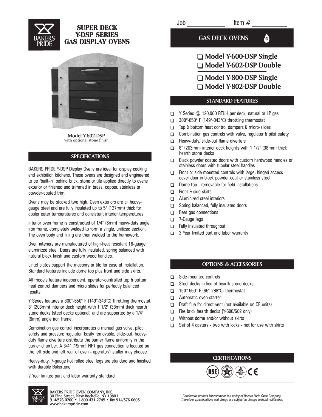 Bakers Pride Oven Y-802-DSP specifications Model Y-600-DSPSingle Model Y-602-DSPDouble, Gas Deck Ovens, Job Item #, Bakers 
