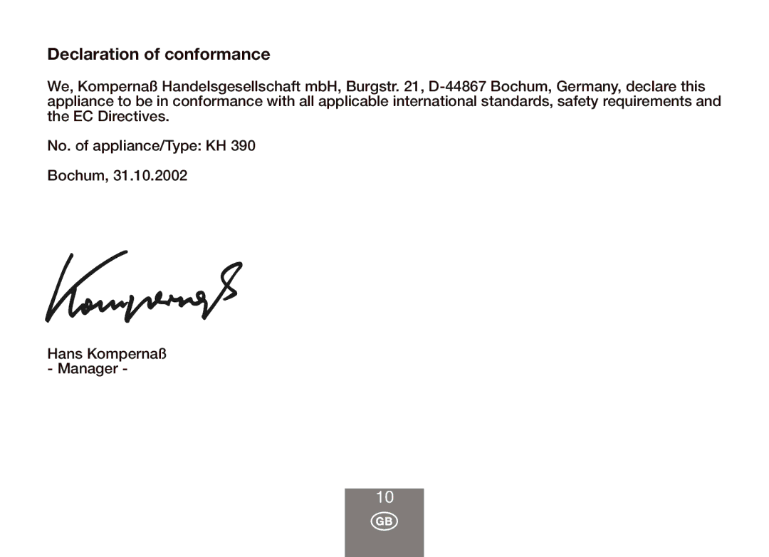 Balance KH 390 manual Declaration of conformance 