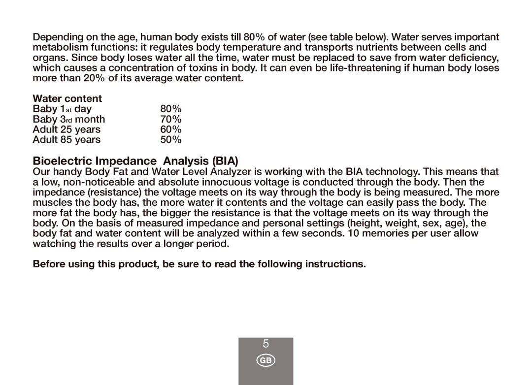 Balance KH 390 manual Bioelectric Impedance Analysis BIA, Water content 