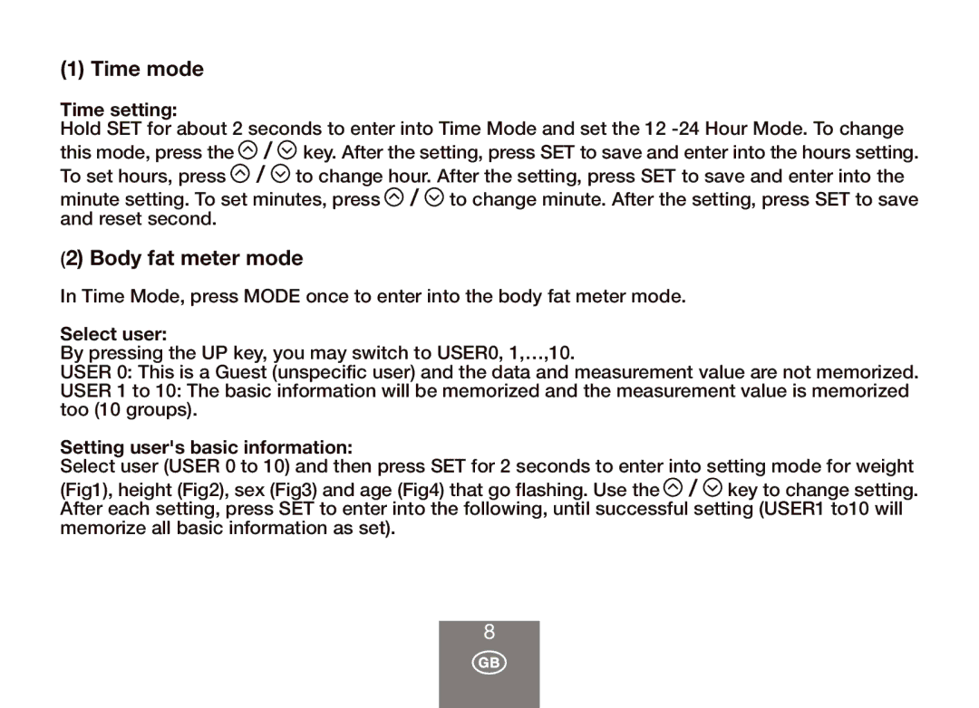 Balance KH 390 manual Time mode, Body fat meter mode, Time setting, Select user, Setting users basic information 