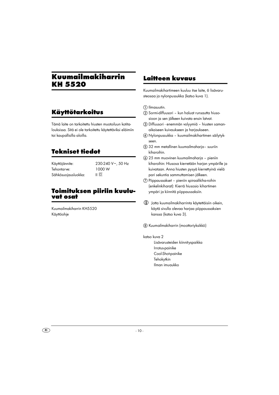 Balance KH 5520 manual Kuumailmakiharrin KH, Laitteen kuvaus, Käyttötarkoitus, Tekniset tiedot 