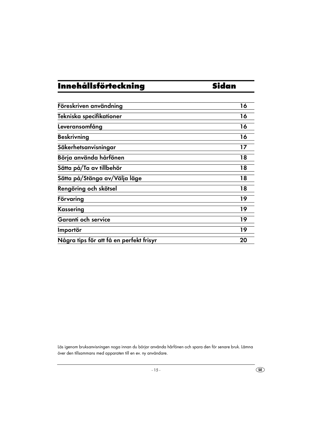 Balance KH 5520 manual Innehållsförteckning Sidan 