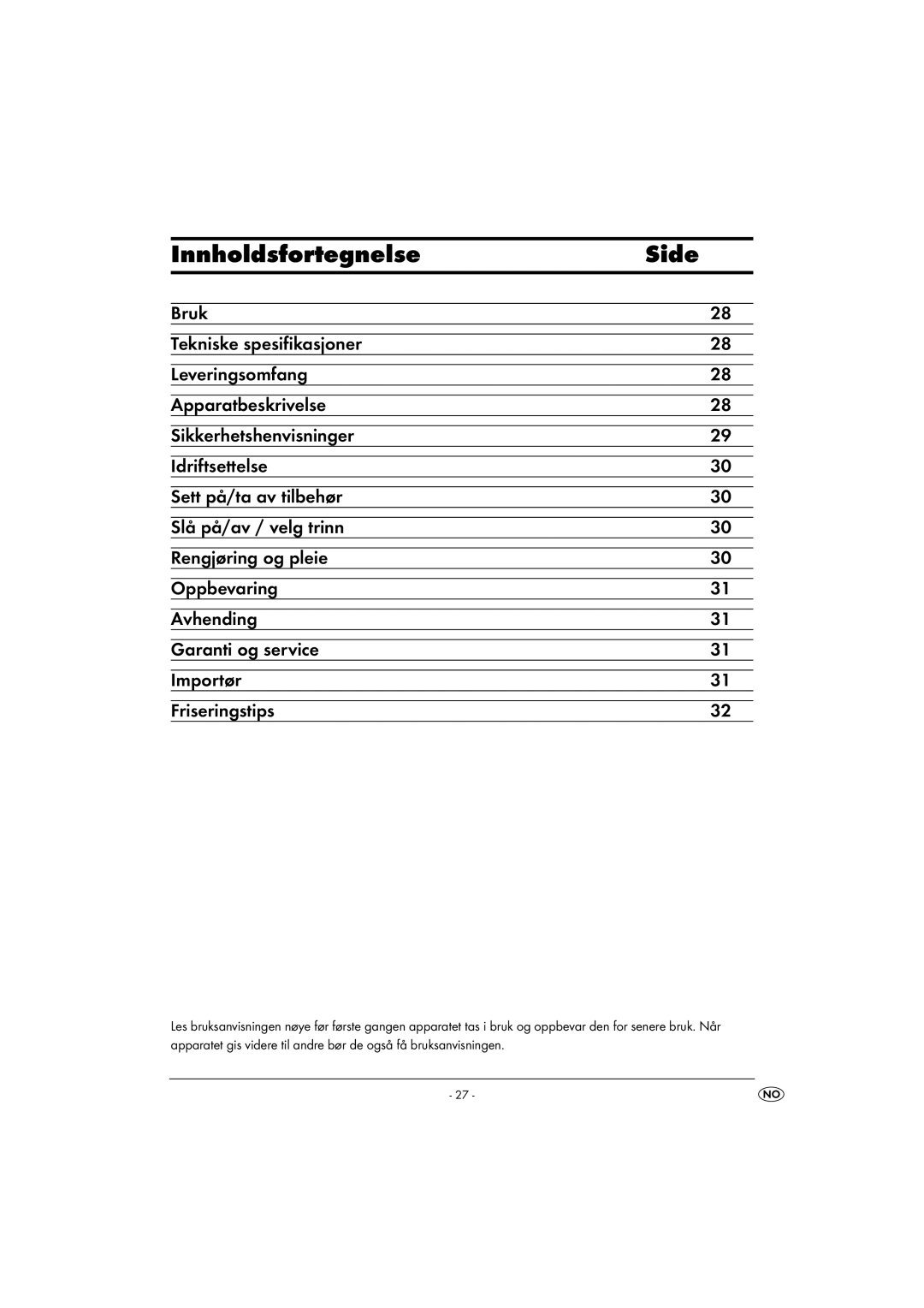 Balance KH 5520 manual Innholdsfortegnelse Side 