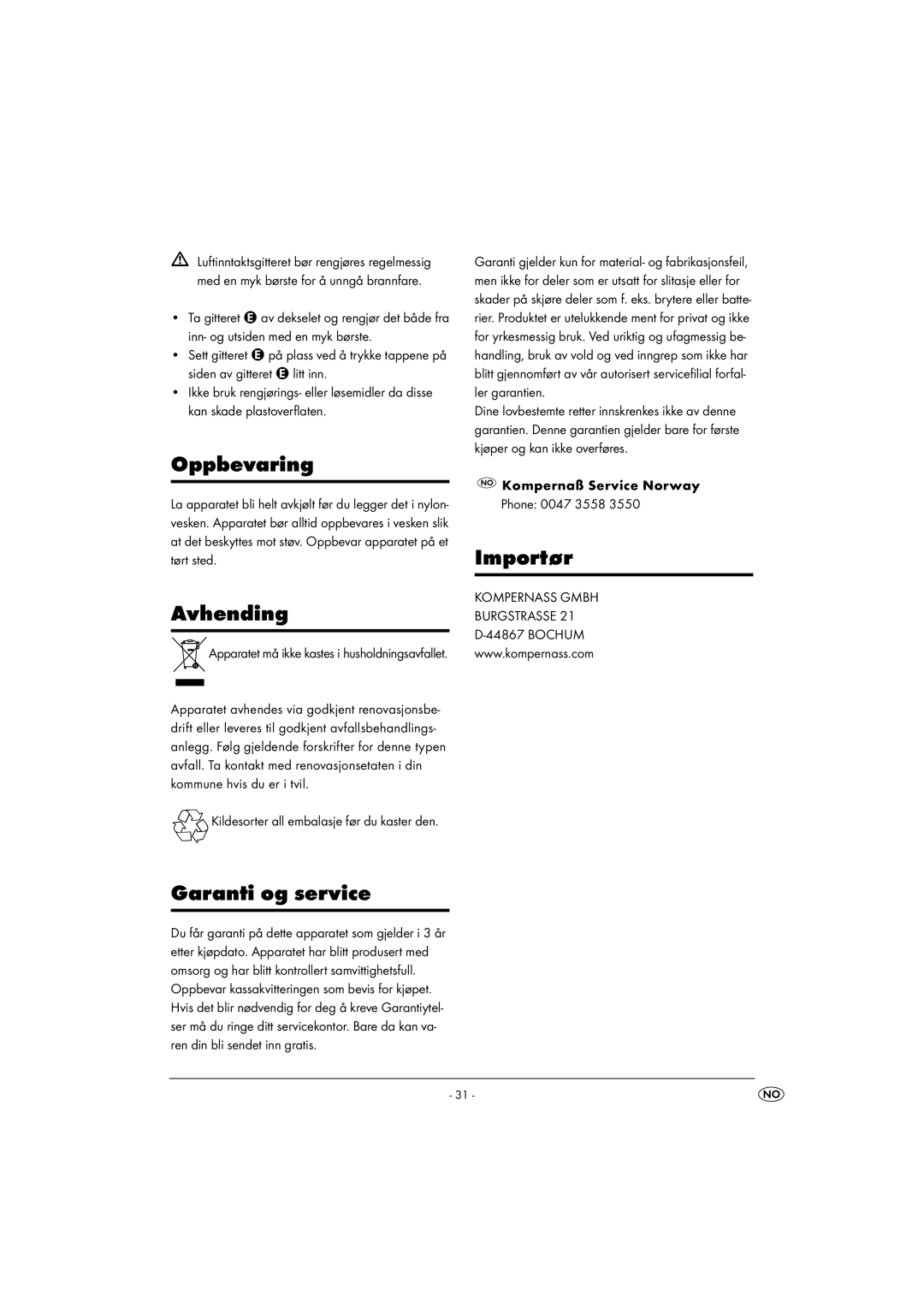 Balance KH 5520 manual Oppbevaring, Avhending 