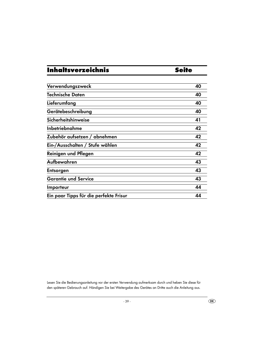 Balance KH 5520 manual Inhaltsverzeichnis Seite 